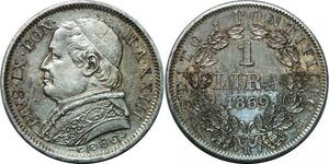 P3470 Scarce Vatican Lira Píus IX 1869 Roma R XXIII Silver UNC