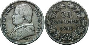 P3472 Vatican 20 Baiocchi Pius IX 1860 R Roma XIV Silver ->Make offer