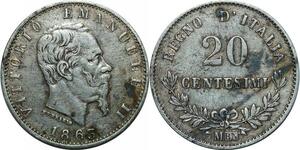 P3481 Italy 20 Centesimi Vittorio Emanuele II 1863 M Milan Silver