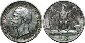 P3482 Italy 5 Lire Victor Emanuel III 1927 R Roma Silver UNC