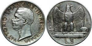 P3483 Italy 5 Lire Victor Emanuel III 1929 R Roma Silver AU