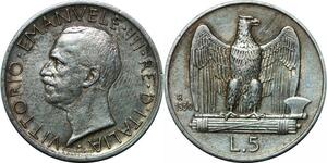 P3484 Italy 5 Lire Victor Emanuel III 1930 R Roma Silver UNC
