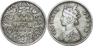 P3514 British India 2 Annas Victoria 1862 C Calcutta Silver -> Make offer