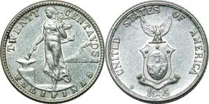 P3517 Philippines 20 Centavos United States of America 1945 D Denver Silver