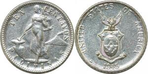P3518 Philippines 10 Centavos United States of America 1945 D Denver Silver