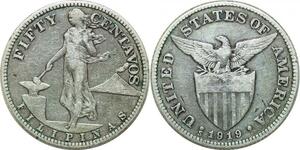 P3521 Philippines 50 Centavos United States America 1919 S San Francisco Silver