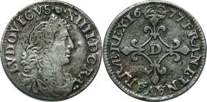 P3576 Rare France 4 Sols aux Traitants Louis XIV 1677 D Lyon Argent Qualité