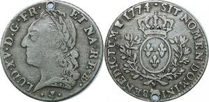 P3596 Tres Rare France 1/5 Ecu Bearn Louis XV vielle tête 1774 Pau Vachette Argent
