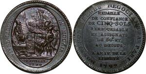 P3627 Rare France Constitution 5 Sols Monneron 1792 An IV Birmingham PCGS AU55 SUP