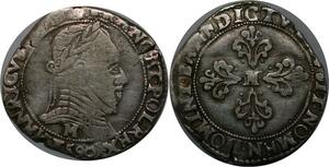 P3634 Rare France Demi-franc au col plat La Ligue au nom d'Henri III 1590 Toulouse