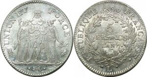 P3661 Tres Rare France Finest 5 Francs Union et Force an 7 L Bayonne PCGS MS60
