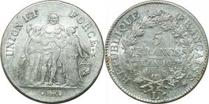 P3663 Rare France 5 Francs Union et Force an 10 L Bayonne Superbe !!! PCGS AU53