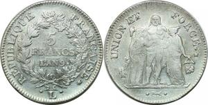 P3664 Rare France 5 Francs Union et Force an 9 L Bayonne Argent ->F offre
