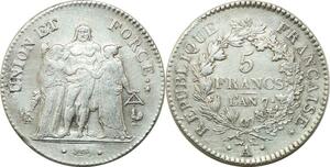 P3665 Rare France 5 Francs Union et Force 1799 an 7 Var. Grand / Petit A Paris