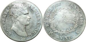 P3667 Rare France 5 Francs Bonaparte Premier Consul An XI A Paris Argent Superbe