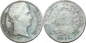 P3670 Rare France 5 Francs Napoléon I er 1811 A Paris Argent SUP SPL ->Faire offre