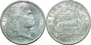 P3672 Rare France 5 Francs Napoléon I er 1811 B Rouen Argent SUP ->Faire offre