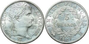 P3673 Rare France 5 Francs Napoléon I er 1811 B Rouen Argent SUP SPL ->Faire offre