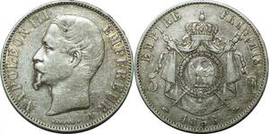 P3674 Rare France 5 Francs Napoléon III 1856 A Paris Bouvet Argent TB+ ->Faire offre
