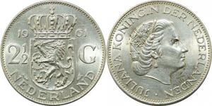 P3718 Netherlands 2 1/2 Gulden Juliana Koningin 1961 Silver UNC