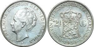 P3735 Netherlands 2 1/2 Gulden Wilhelmina Koningin 1938 Silver AU -> Make offer
