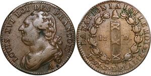 P3887 Rare France Constitution 12 Deniers Louis XVI 1791 an 3 A Paris sans différents