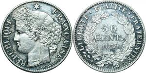 P3965 Très Rare France 50 Centimes Cérès 1872 A Paris Argent Silver SPL+