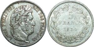 P4008 Rare France 5 Francs Louis Philippe type Domard 1834 W Lille Argent -&gt;Faire offre