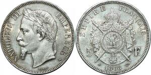 P4016 France 5 Francs Napoléon III 1868 BB Strasbourg Tête Laurée Argent SUP