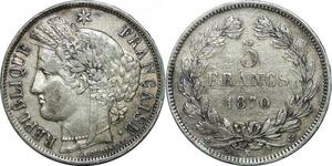 P4022 Rare France 5 Francs Cérès 1870 K Bordeaux Ancre Argent ->Faire offre
