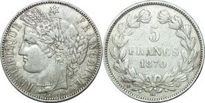 P4023 Rare France 5 Francs Cérès 1870 K Bordeaux Ancre Argent ->Faire offre