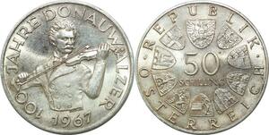 P4115 Österreich Austria 50 Schilling 100 Yahre Donauwalzer 1967 Silver UNC