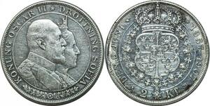 P4163 Sweden 2 Kronor 50 ans Oscar II Sophie de Nassau 1907 Silver