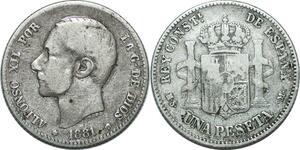 P4182 Scarce Spain Peseta Alfons XII 1881 (81) MS-M Madrid Silver -> Make offer