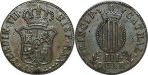 P4184 España Spain 3 Quartos Fernando VII 1814 Barcelona XF+