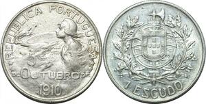 P4185 Scarce Portugal Escudo Birth Republic 1910 Silver AU -> Make offer