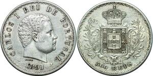 P4194 Portugal 500 Reis Carlos I 1891 Silver AU -> Make offer
