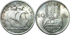 P4212 Portugal 10 Escudos Ship Joao da Silva 1955 Silver UNC -> Make offer