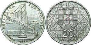 P4213 Portugal 20 Escudos Salazar Bridge 1966 Silver AU -> Make offer