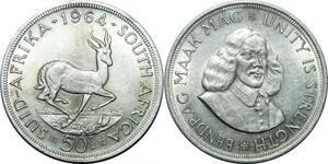 P4227 South Africa 50 Cents Jan van Riebeeck 1964 Silver AU -> Make offer