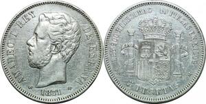 P4257 Scarce Spain 5 Pesetas Amadeao I 1871 (71) SD M Madrid Silver XF+