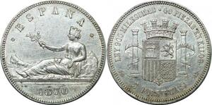 P4258 Scarce Spain 5 Pesetas 1870 (70) SD M Madrid Silver AU ->Make offer