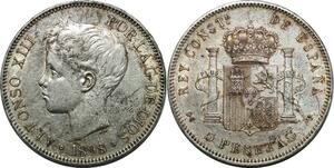 P4259 Spain Espagne 5 Pesetas Alfonso XIII 1898 (98) SG V Valencia Silver AU