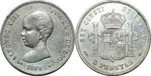 P4260 Spain Espagne 5 Pesetas Alfonso XIII 1890 (??) MP M Madrid Silver