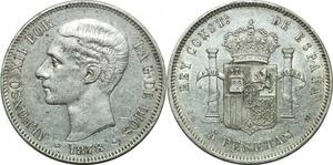 P4261 Scarce Spain 5 Pesetas Alfonso XII 1878 (78) EM M Madrid Silver AU