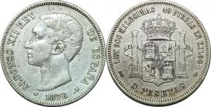 P4263 Scarce Spain 5 Pesetas Alfonso XII 1876 (76) DE M Madrid Silver AU