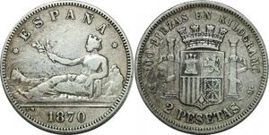 P4264 Scarce Spain 2 Pesetas 1870 (74) DE M Madrid Silver ->Make offer