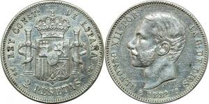 P4266 Rare Spain 2 Pesetas Alfonso XII 1882 (82) MS M Madrid Silver