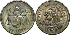 P4274 Mexico 25 Centavos Estados Unidos Mexicanos 1950 Silver UNC