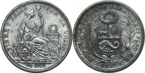 P4282 Perou Peru 1/2 Sol 1907 Lima FG JR Silver AU+
